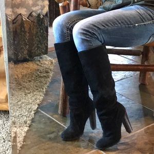 Leather knee high black, heeled boots